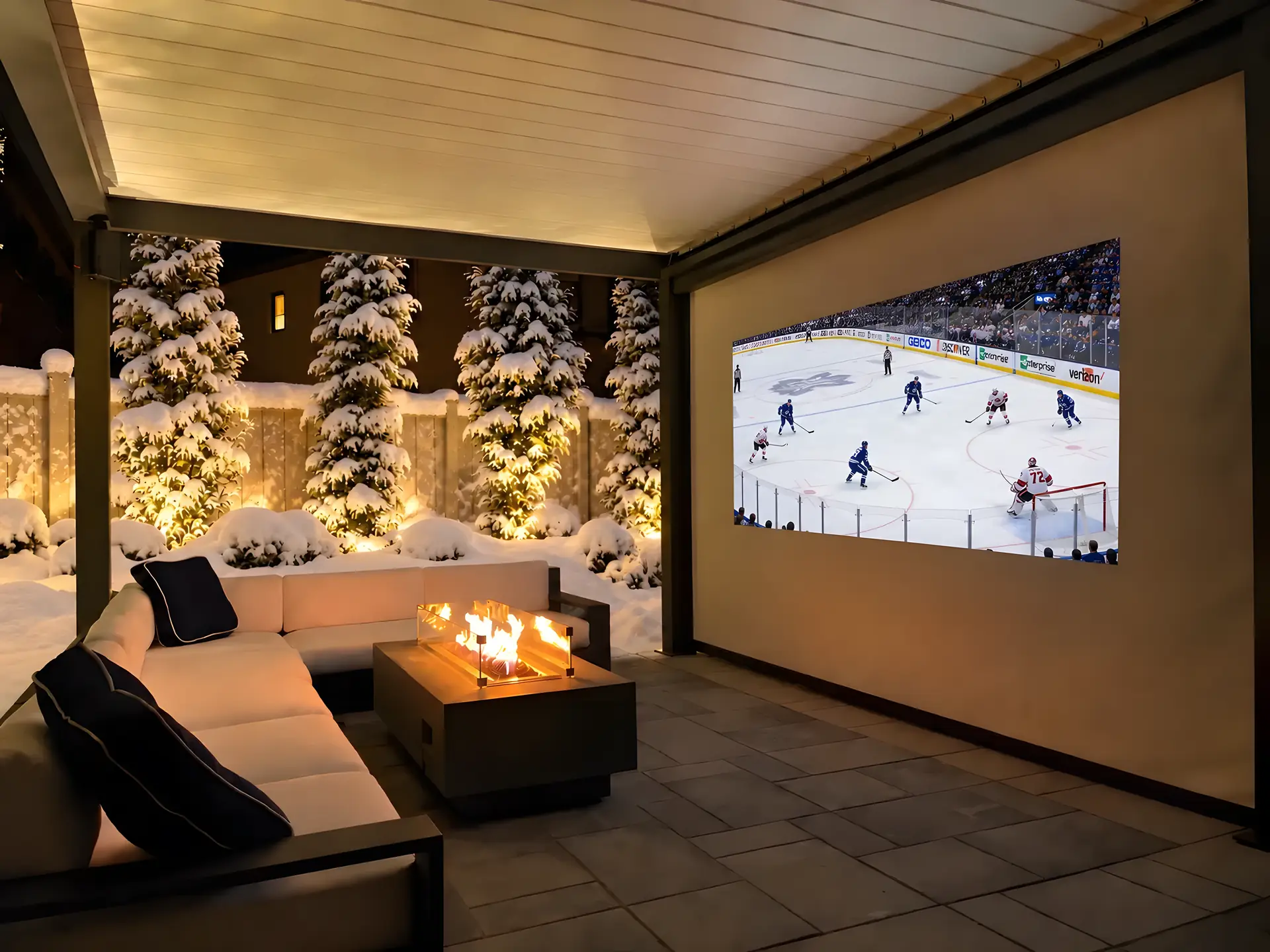 Covered patio with a gas fire table, sectional seating and an outdoor projector screen beside snow-covered evergreens at night