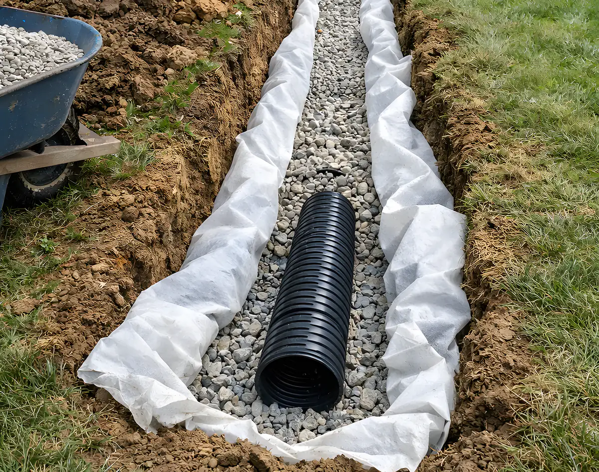 Perforated drainage pipe laid on clear stone and filter fabric in an open backyard trench