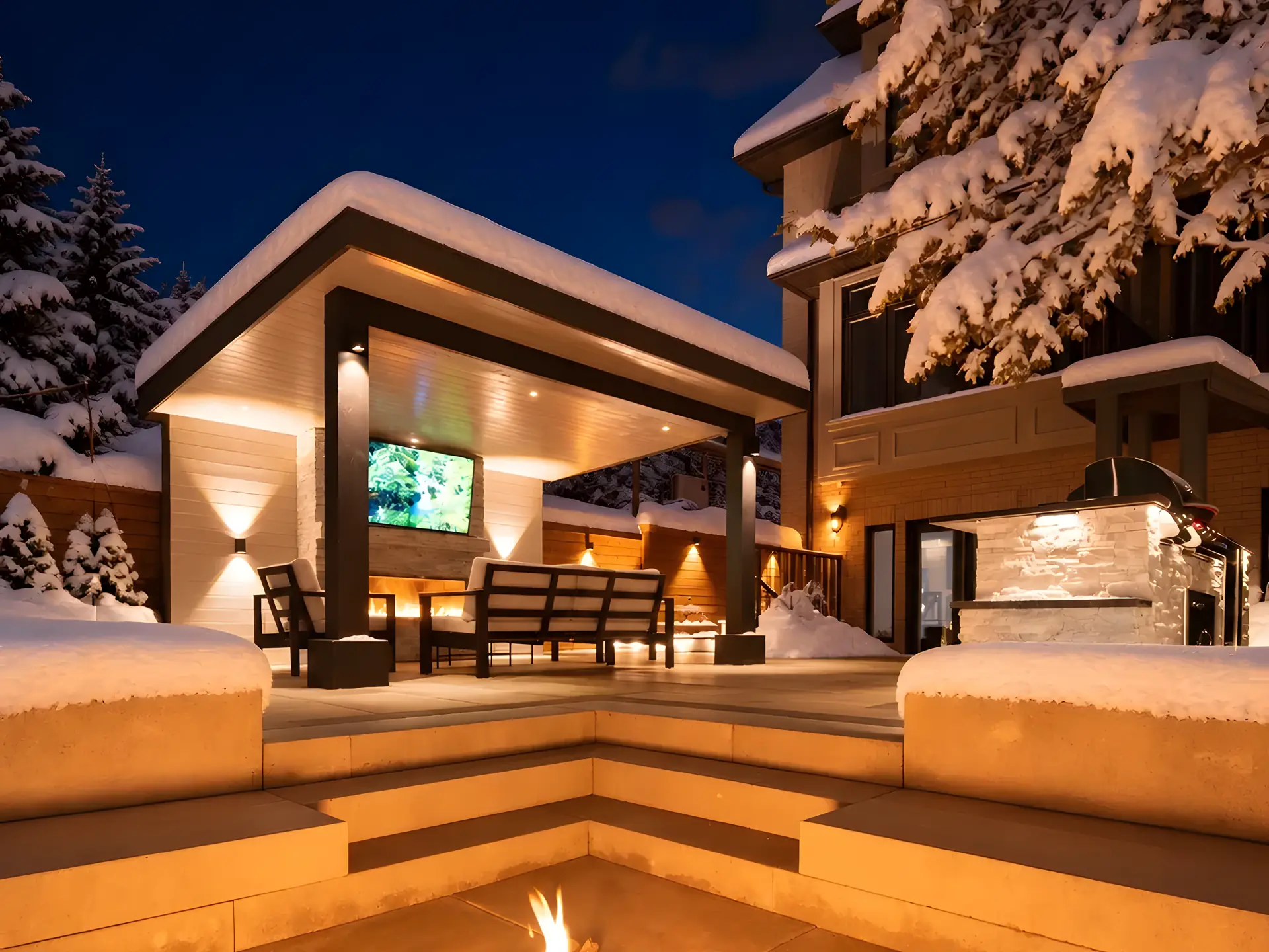 Snow-covered backyard at night with a lit pavilion, outdoor TV and lounge seating, an outdoor kitchen and a sunken gas fire pit