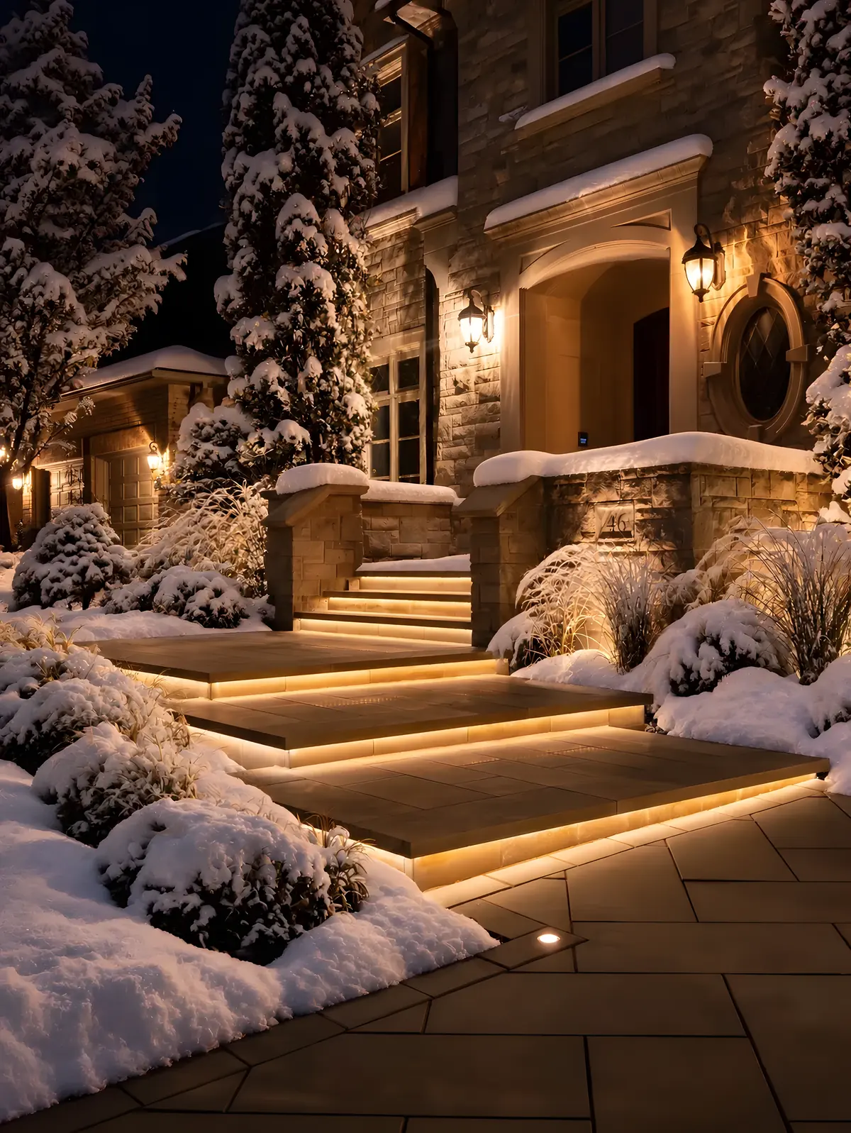 Stone front steps with under-tread LED lighting leading to a stone home at night after a snowfall
