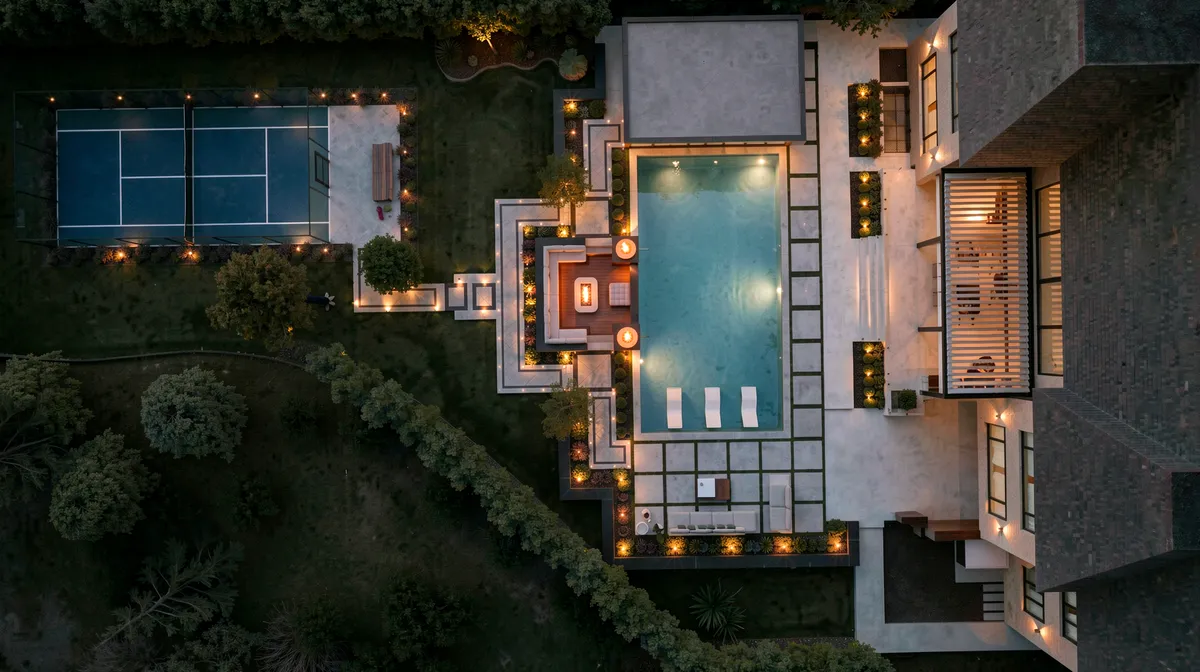 Aerial view of a design-build backyard with pool, fire feature lounge, sport court and landscape lighting at dusk