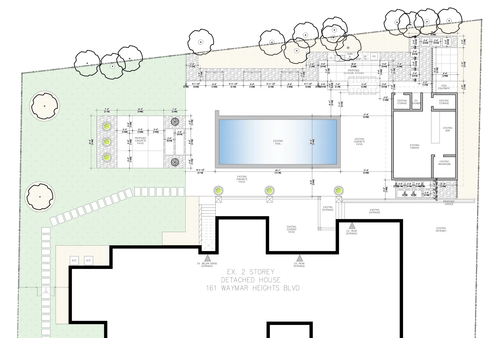 2D landscape site plan showing a pool, cabana, outdoor kitchen and patios coordinated around a detached house