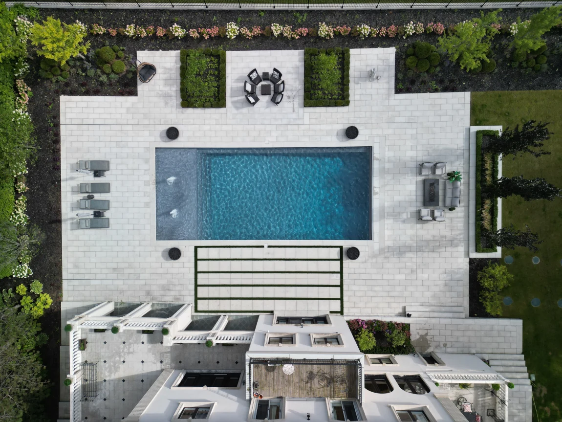 backyard pool top down drone view