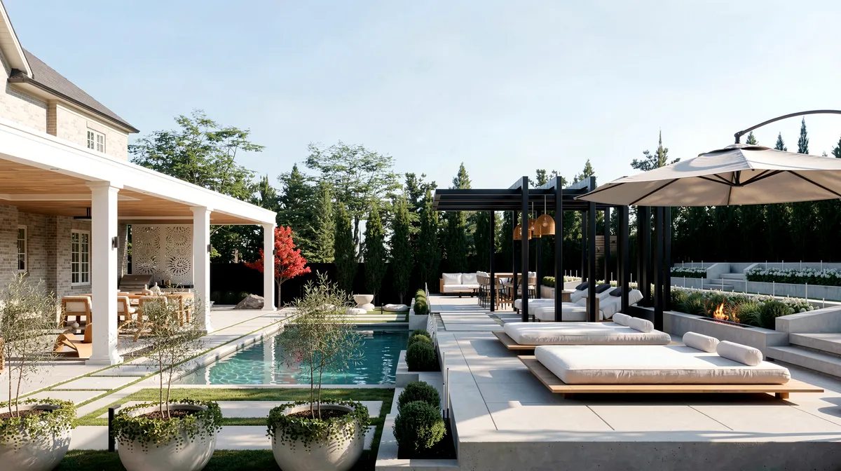 3D landscape design rendering of a luxury backyard with pool, pergolas, and lounge areas