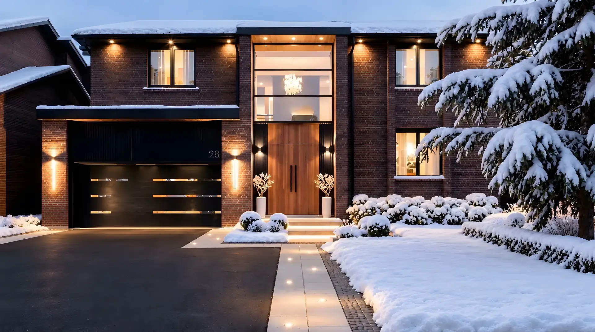 Modern brick home at dusk with a cleared driveway, lit walkway and snow-covered front lawn