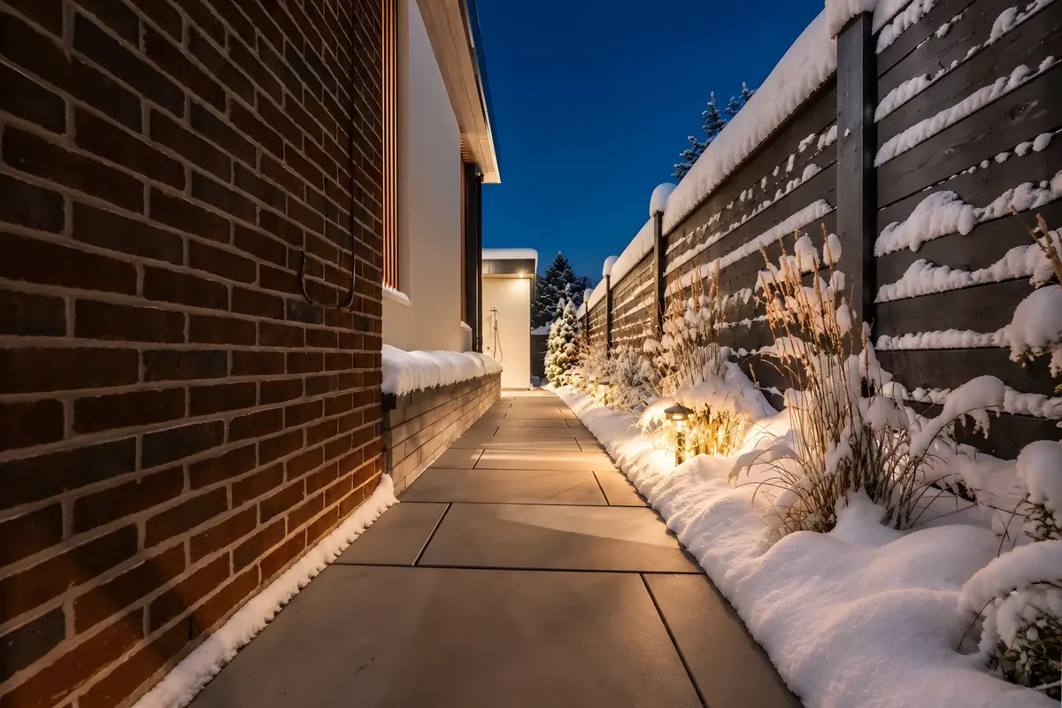 Narrow side-yard walkway of large-format pavers between a brick house and a snow-covered fence with path lighting at dusk