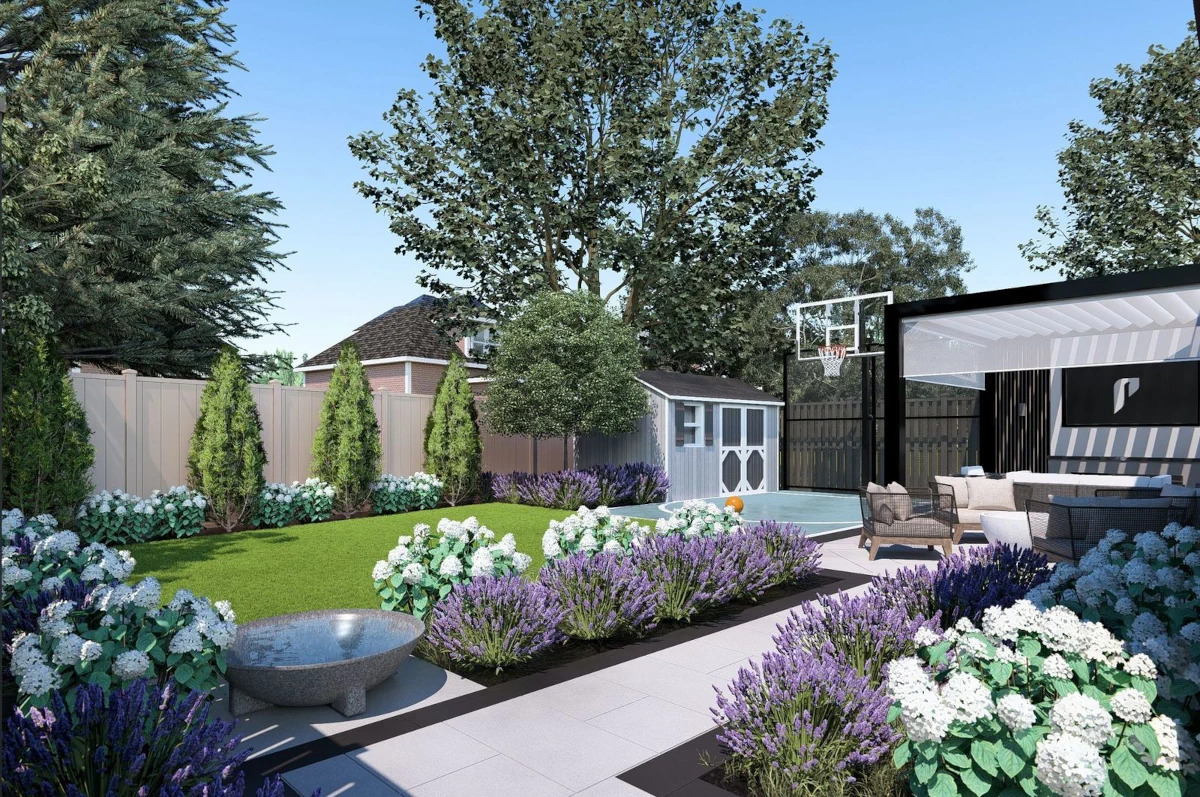 backyard landscape design with basketball court