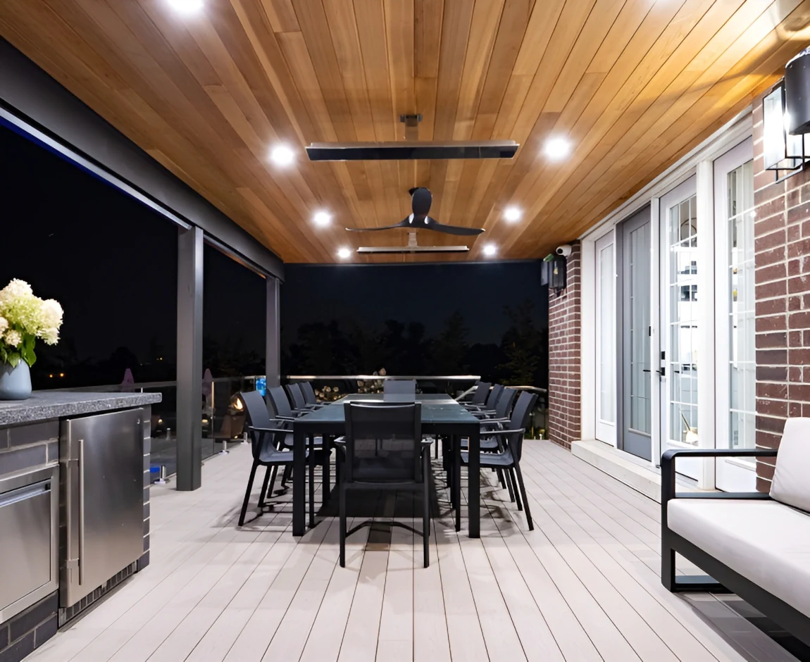 patio deck with bright lighting