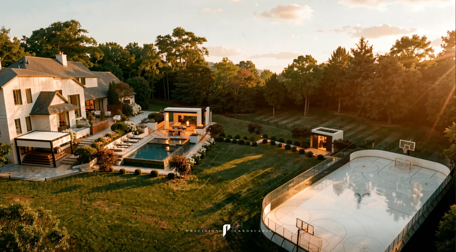 Aerial view of the Brule design &mdash; infinity-edge pool, custom cabana and private hockey rink at sunset