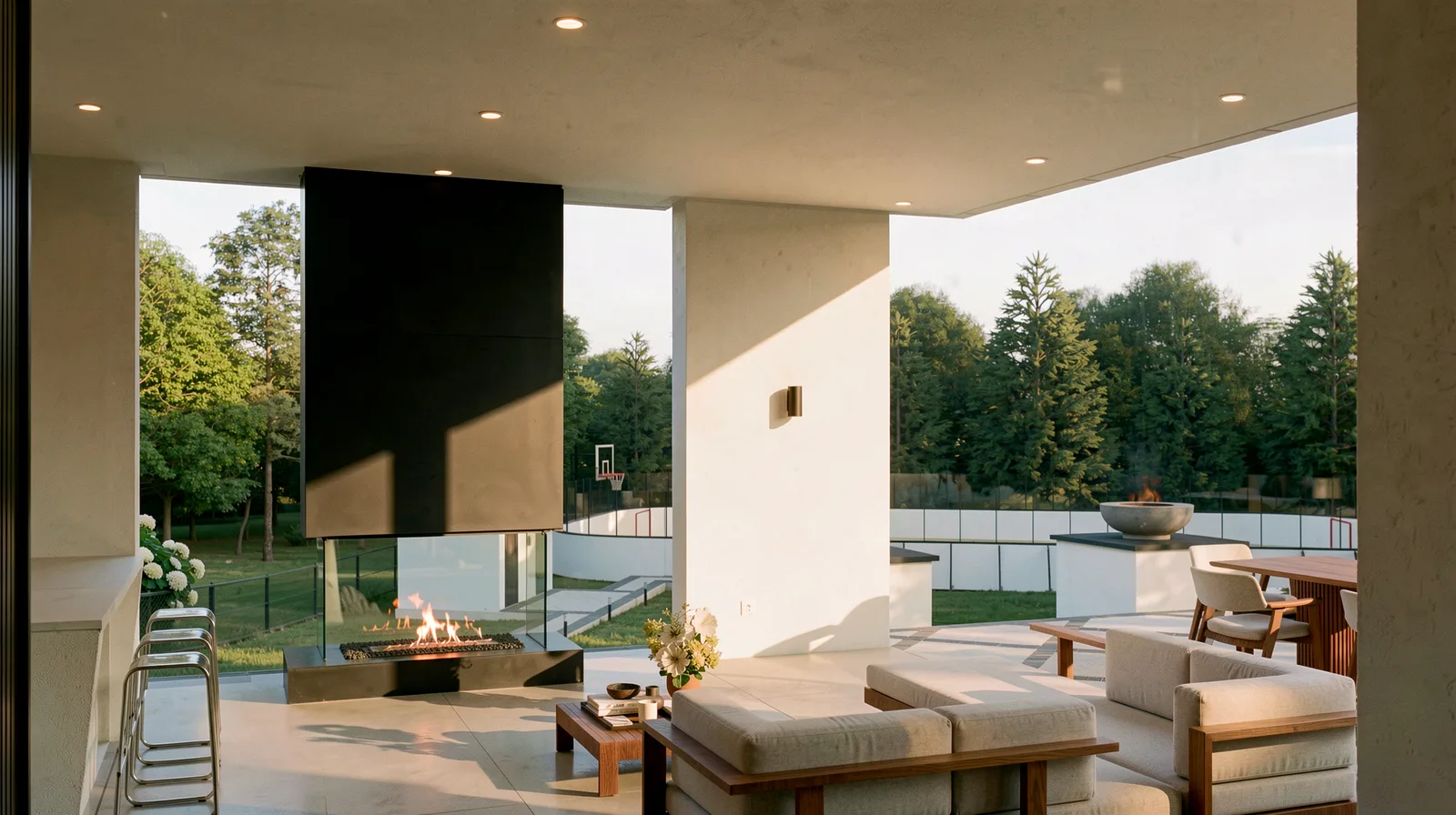 Brule landscape design render &mdash; Covered lounge in daylight — black steel fireplace and glass rail looking out to the private hockey rink