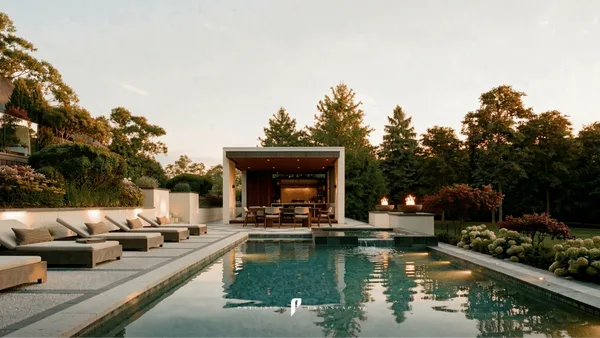Brule pool with the custom cabana, fire bowls and concrete lounge terrace at golden hour
