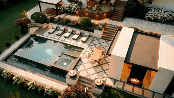 Aerial view of the Brule pool, spa and cabana with its outdoor fireplace and dining terrace