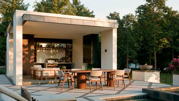 Brule landscape design render &mdash; Cabana outdoor kitchen and dining terrace with a lit fire bowl in late afternoon sun