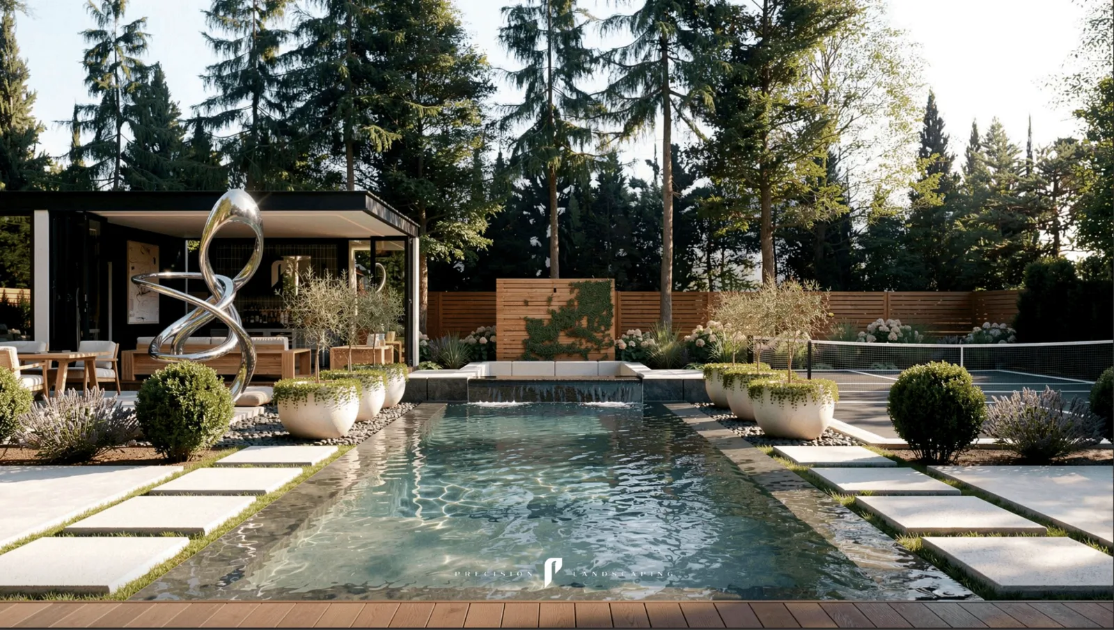 Lloyminn Ave landscape design &mdash; custom stone edge pool with abstract metal sculpture and outdoor cabana