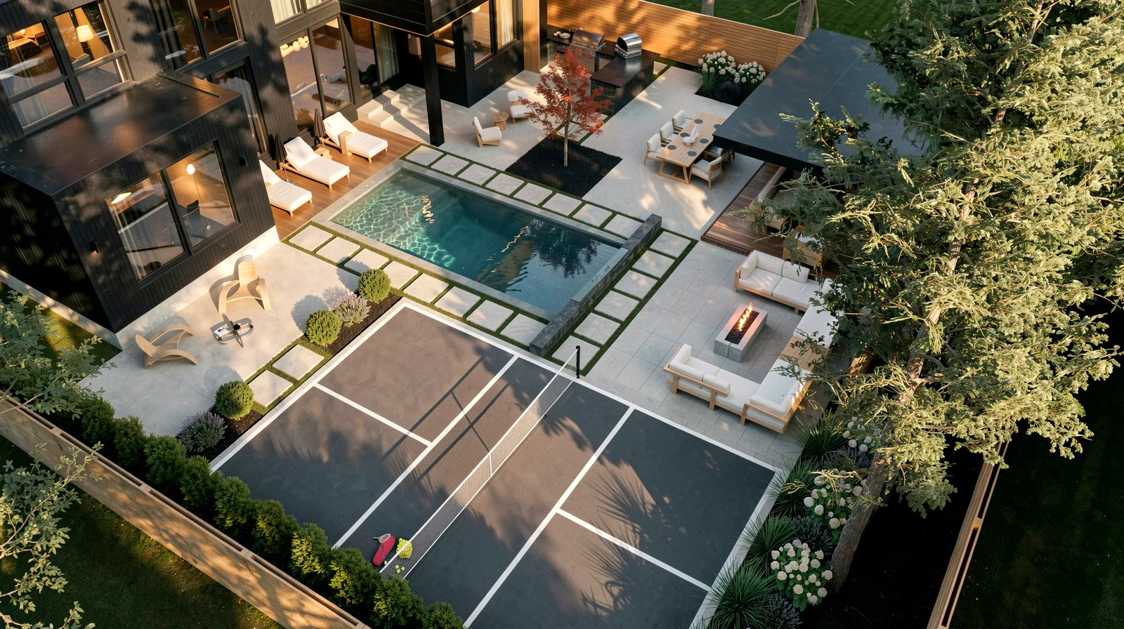 Lloyminn Ave landscape design render &mdash; Aerial view of the pool, covered lounge and private tennis court below the house