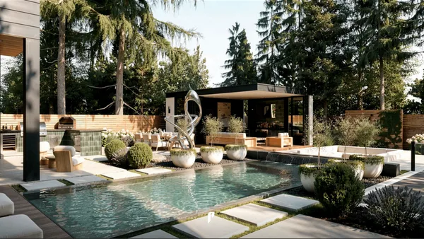 Lloyminn Ave pool and cabana seen past the outdoor kitchen, with sculptural planters along the stone paving