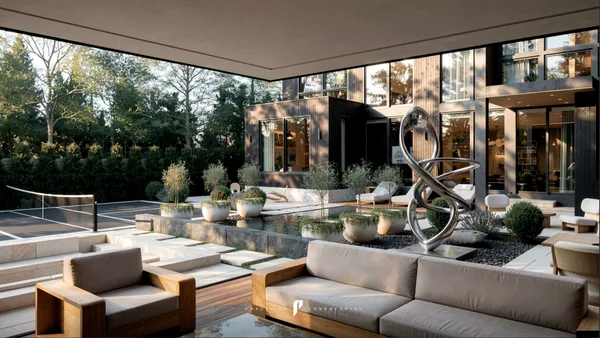 Modular outdoor seating under the covered lounge at Lloyminn Ave, looking out to the sculpture and pool