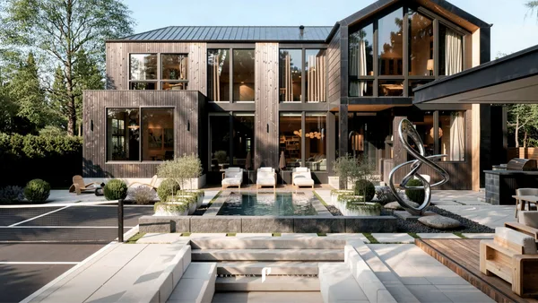 Lloyminn Ave &mdash; dark timber house above the custom stone edge pool, with the private tennis court alongside