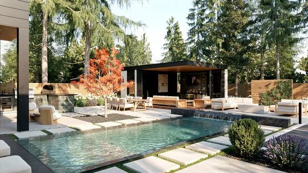 Lloyminn Ave landscape design render &mdash; Custom stone edge pool and cabana with an autumn maple in daylight