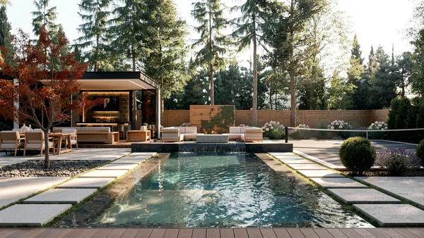 Lloyminn Ave landscape design render &mdash; Pool with stepping pads leading to the covered cabana