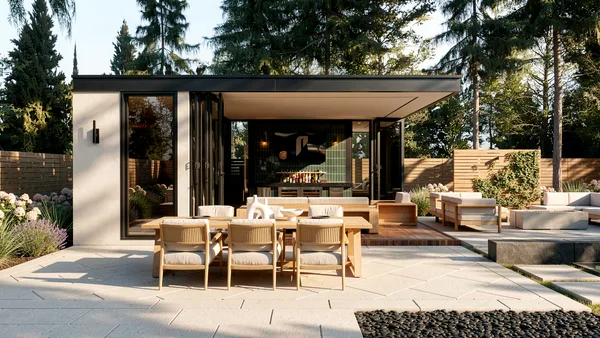 Lloyminn Ave landscape design render &mdash; Outdoor dining under the cantilevered canopy beside the pool