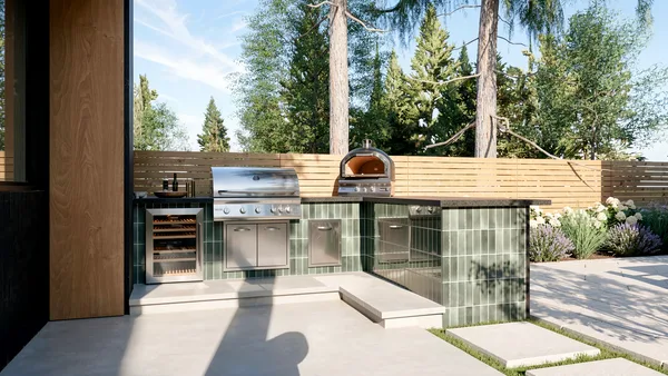 Lloyminn Ave landscape design render &mdash; Outdoor kitchen with green tile island, built-in grill and pizza oven