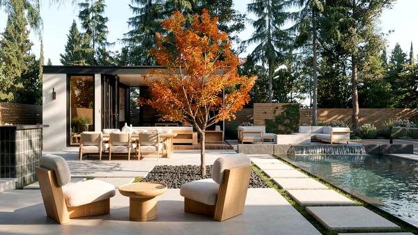 Lloyminn Ave landscape design render &mdash; Lounge chairs at the water's edge under the autumn maple