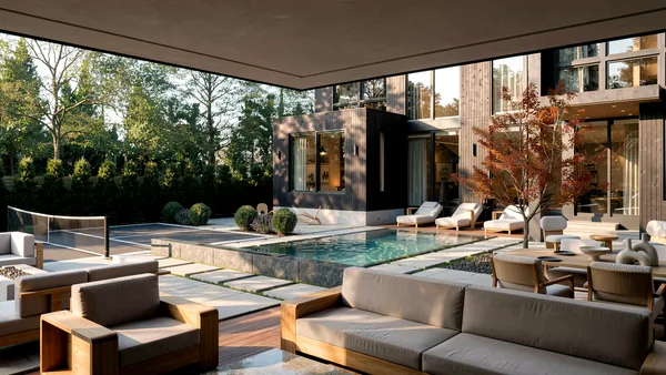 Lloyminn Ave landscape design render &mdash; Covered lounge above the pool with the sun low behind the trees