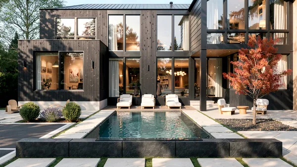 Lloyminn Ave landscape design render &mdash; Dark timber house glowing at dusk above the stone edge pool