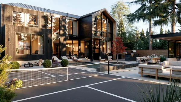 Lloyminn Ave landscape design render &mdash; Private tennis court at dusk with the lit house beyond