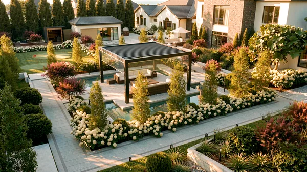 Meadow Wood landscape design render &mdash; Aerial view of the louvered pergola, cabana and flower gardens