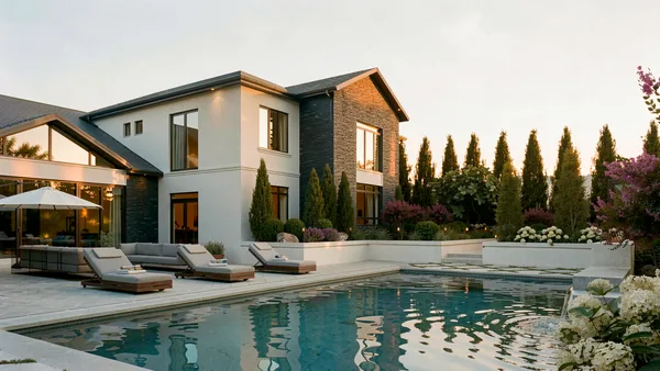 Meadow Wood landscape design render &mdash; House rising above the pool terrace with loungers along the water