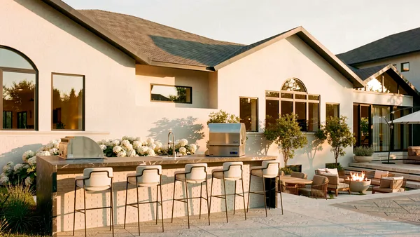 Meadow Wood landscape design render &mdash; Outdoor kitchen bar with counter seating at the house