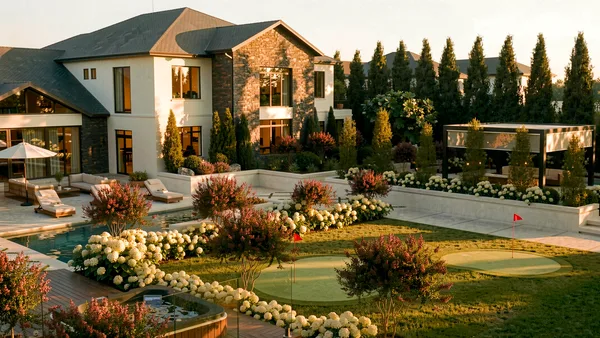 Meadow Wood landscape design render &mdash; Putting green wrapped in hydrangea beds at golden hour