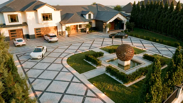 Meadow Wood landscape design render &mdash; Formal front courtyard with sphere fountain and patterned architectural concrete driveway