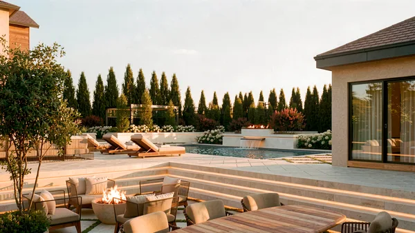 Meadow Wood landscape design render &mdash; Sunken fire-pit lounge with steps lit at dusk