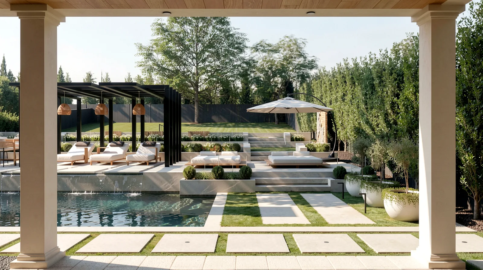 Richard Serra landscape design render &mdash; Custom concrete pool and black steel pergola seen through the pavilion columns in daytime