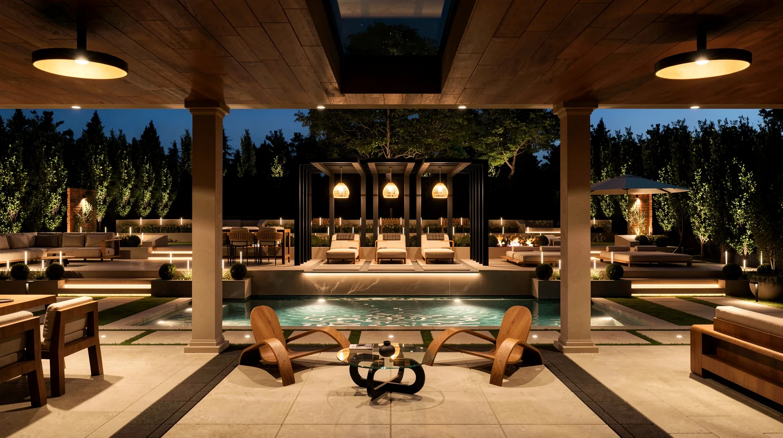 Richard Serra Ct landscape design &mdash; covered outdoor living pavilion with fireplace overlooking the custom concrete pool at night