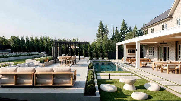 Richard Serra landscape design render &mdash; Outdoor lounge beside the pool with sculptural stone seats in daylight