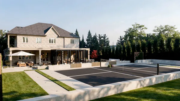Richard Serra landscape design render &mdash; Private tennis court framed by cedars beside the house