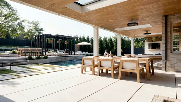Richard Serra landscape design render &mdash; Pavilion dining table looking out over the pool and pergola