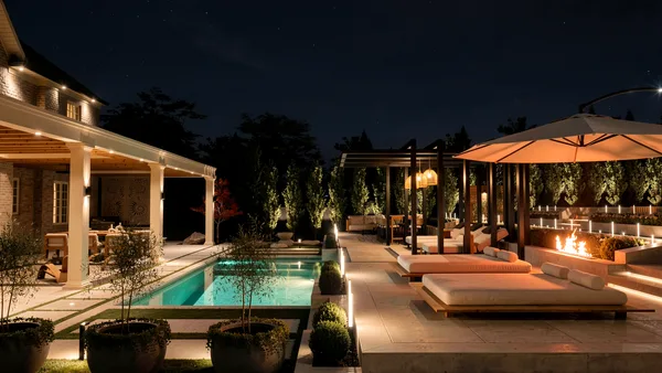 Richard Serra landscape design render &mdash; Pool, daybeds and fire feature glowing at night
