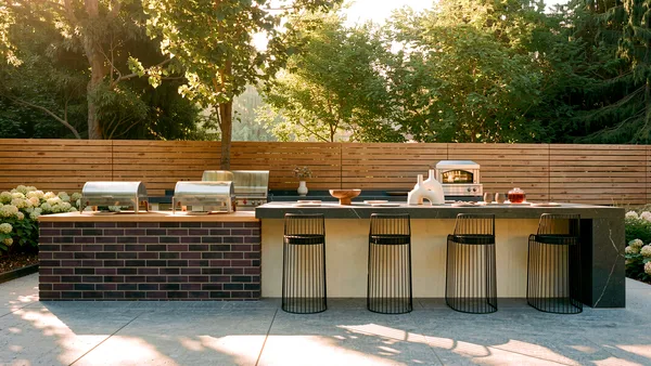 Waymar landscape design render &mdash; Kitchen island bar with counter stools in daylight