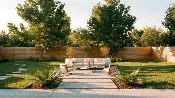 Waymar landscape design render &mdash; Lawn lounge with stepping pads across the courtyard