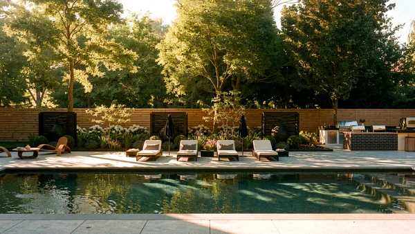 Waymar landscape design render &mdash; Tanning ledge pool with loungers along the wood privacy fence