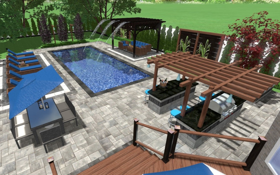 3D design of backyard firepit, deck, and sitting area
