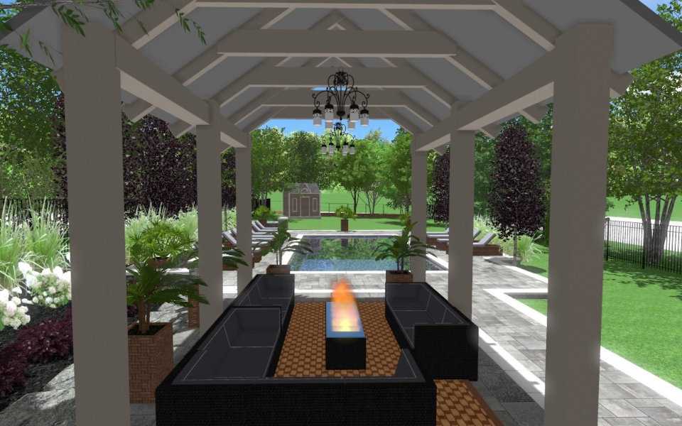 3D design of outdoor BBQ and table on stone deck