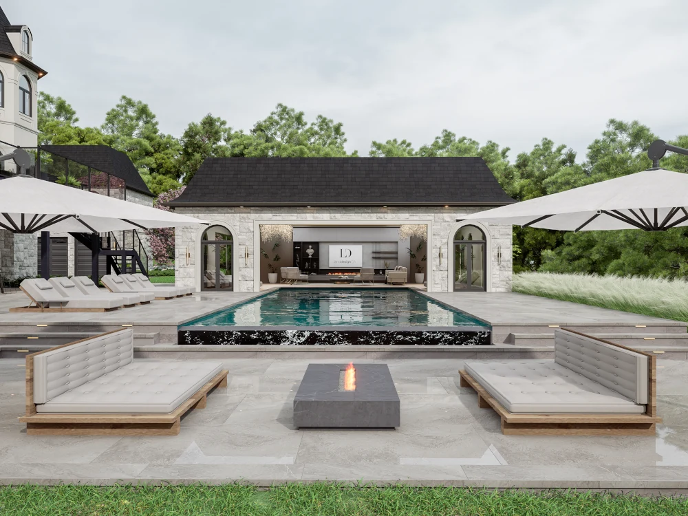 landscape design 3d render poolscape with fire pit