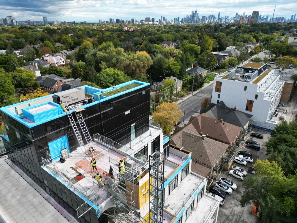 Aerial drone view of a commercial live roof system with established vegetation