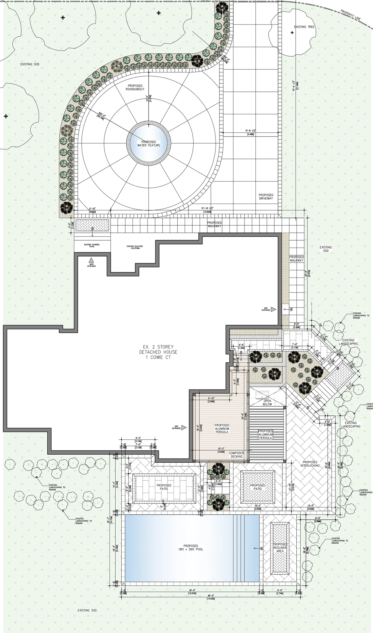 2D landscape site plan showing a proposed pool, patios, aluminum pergola and a circular driveway with a water feature